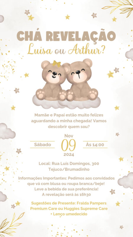 Convite Animado Simples - Chá Revelação Neutro e Dourado