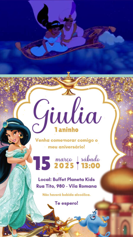 Convite Com Vídeo - Princesa Jasmine (Alladin)