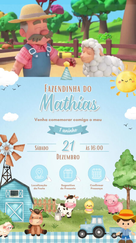 Convite Tecnológico - Fazendinha Aquarela - Azul Menino