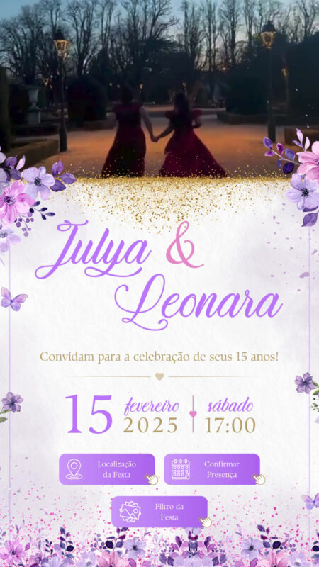 Convite Tecnológico - Lilás, Rosa e Dourado 15 Anos