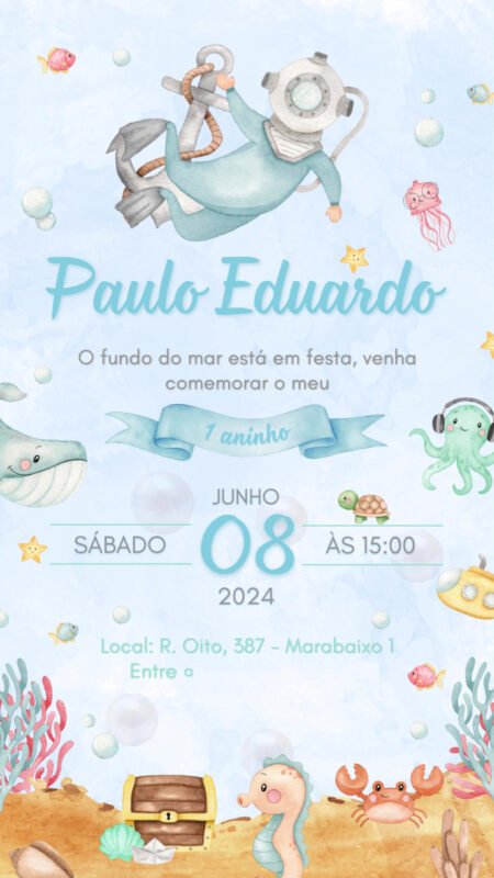 Convite Animado Simples - Fundo do Mar Aquarela Menino