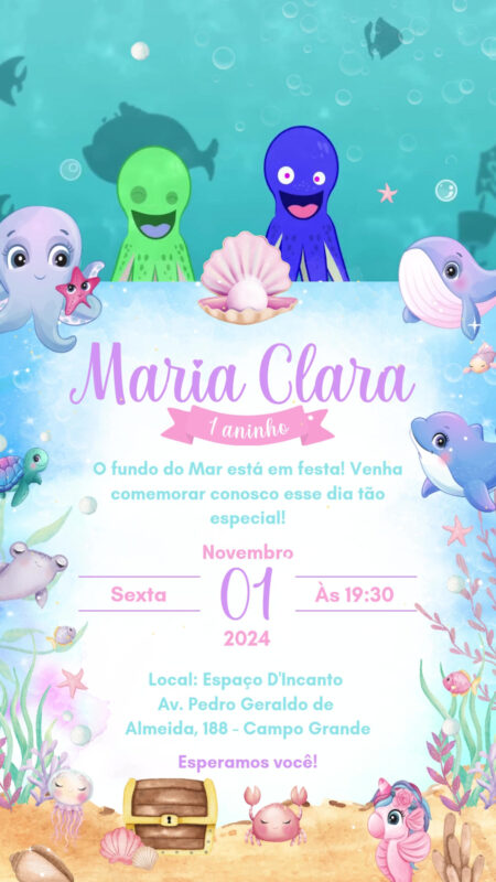 Convite Com Vídeo - Fundo do Mar Menina
