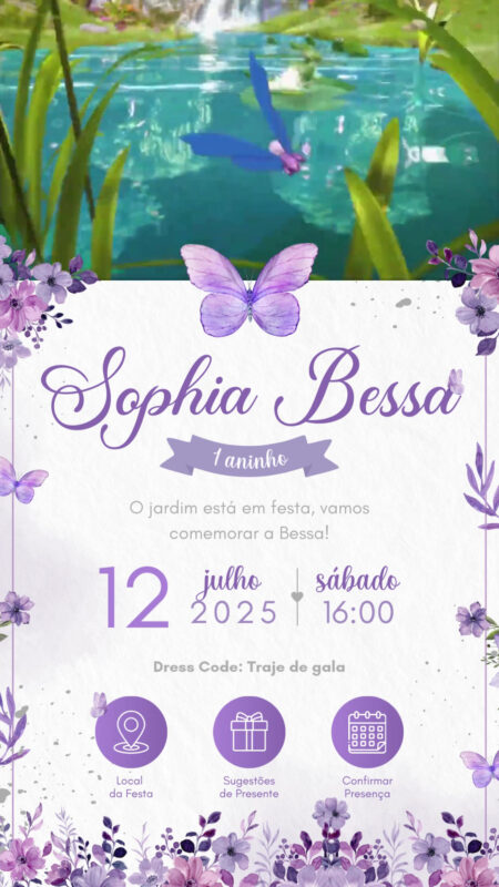 Convite Tecnológico - Jardim Encantado e Borboletas Roxo e Lilás