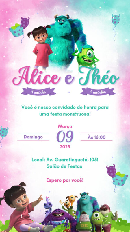 Convite Animado Simples - Boo Monstros S.A.