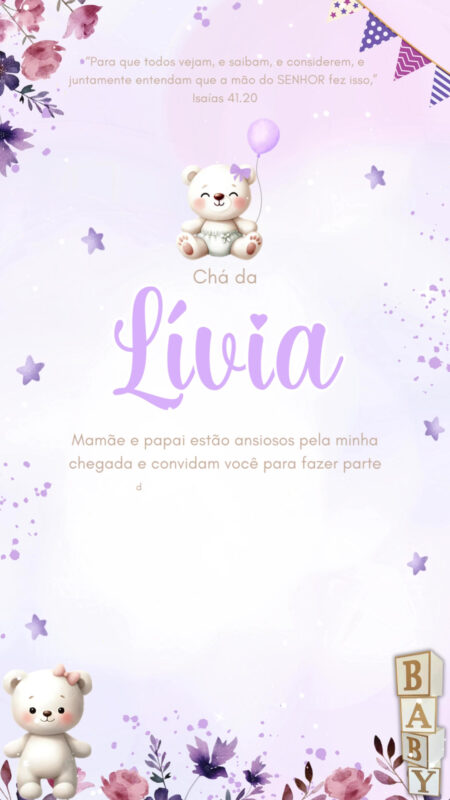 Convite Tecnológico - Chá de Bebê/Fraldas Ursinha Lilás