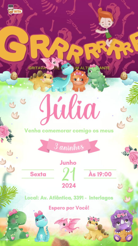Convite Com Vídeo - Dino Baby Menina