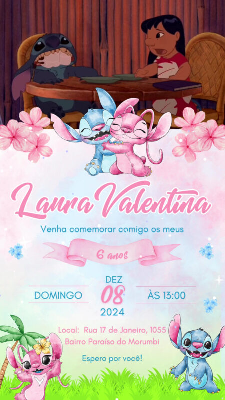 Convite Com Vídeo - Stitch & Angel Aquarela