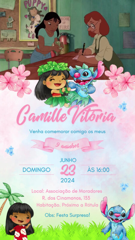 Convite Com Vídeo - Lilo & Stitch Aquarela