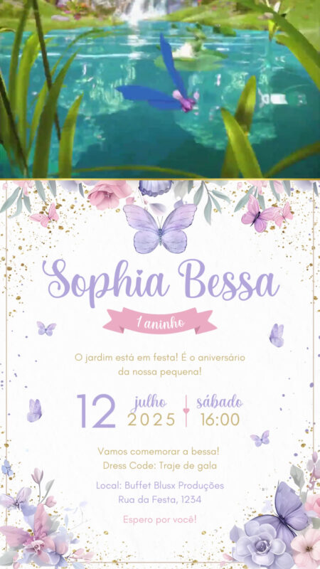 Convite Com Vídeo - Jardim Encantado e Borboletas Lilás, Rosa e Dourado