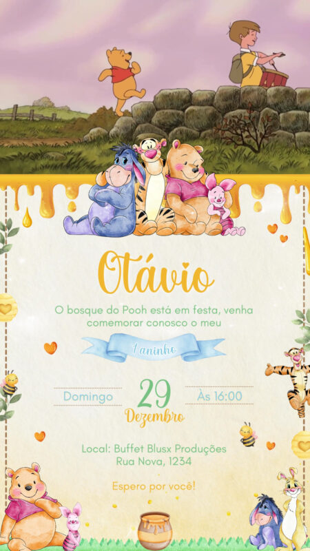Convite Com Vídeo - Ursinho Pooh Aquarela Menino