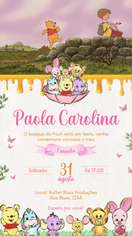 Convite Com Vídeo - Ursinho Pooh Aquarela Cute
