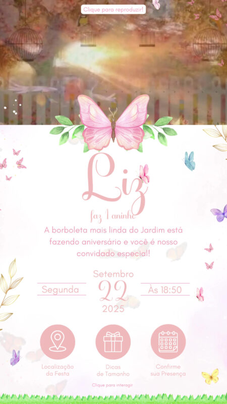 Convite Tecnológico - Jardim Encantado e Borboletas Rosa e Branco