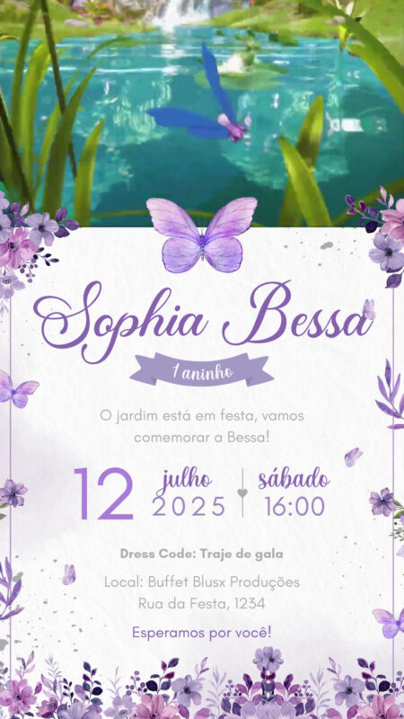 Convite Com Vídeo - Jardim Encantado e Borboletas Lilás/Roxo