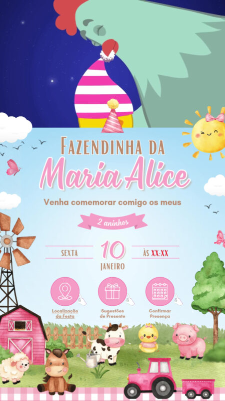Convite Tecnológico - Fazendinha Aquarela - Rosa Menina