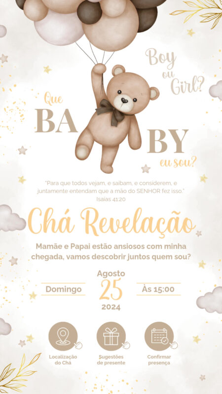Convite Tecnológico - Chá Revelação - Ursinho Marrom, Bege e Dourdo