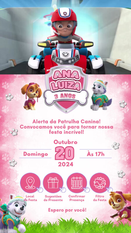 Convite Tecnológico - Patrulha Canina - Menina Rosa