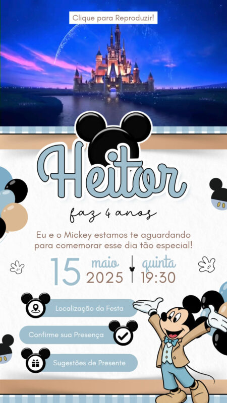 Convite Tecnológico - Mickey Mouse Azul, Nude e Branco
