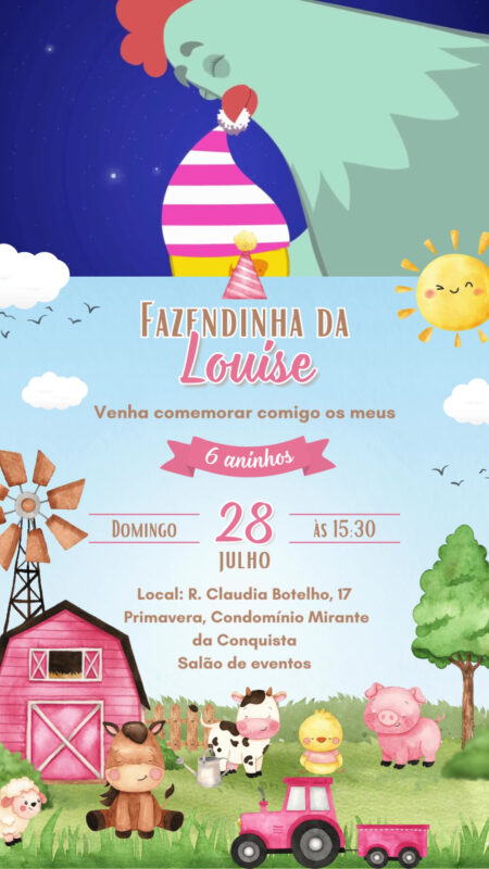 Convite Com Vídeo - Fazendinha Aquarela Rosa