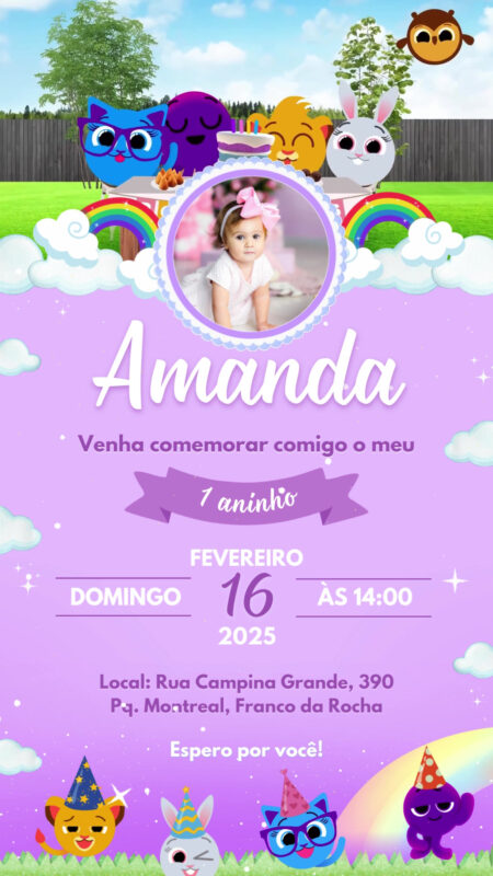 Convite Com Vídeo - Bolofofos Lilás Menina