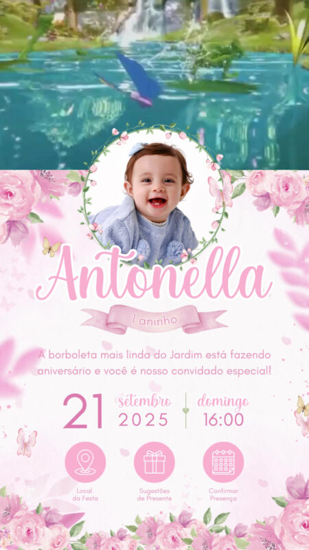 Convite Tecnológico - Jardim Encantado e Borboletas Rosa e Branco 2