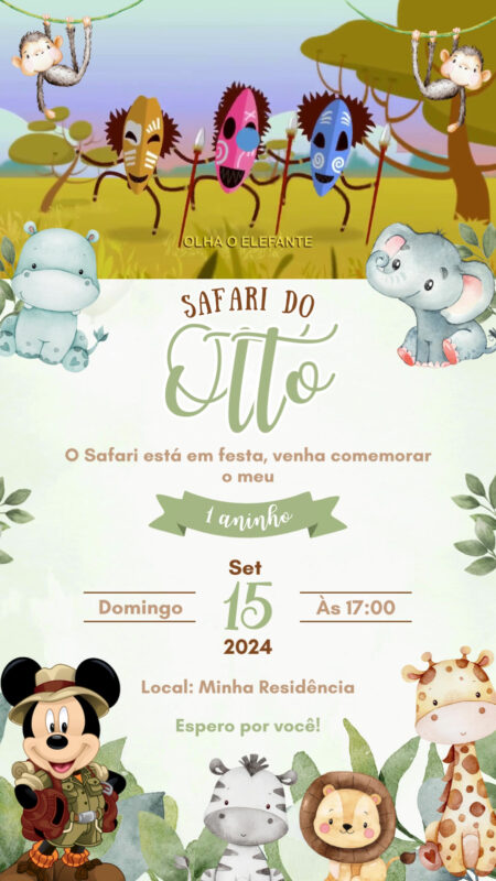 Convite Com Vídeo - Mickey Safari Aquarela