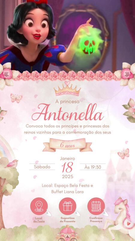 Convite Tecnológico - Reino Encantado - Realeza Menina Rosa