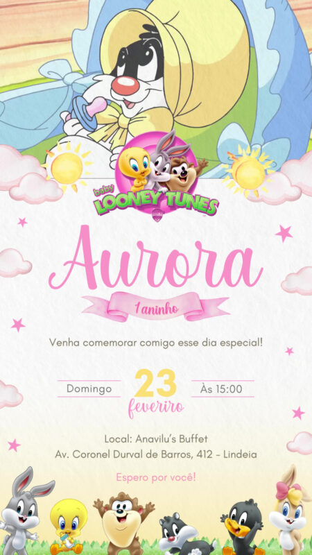 Convite Com Vídeo - Baby Looney Tunes Rosa