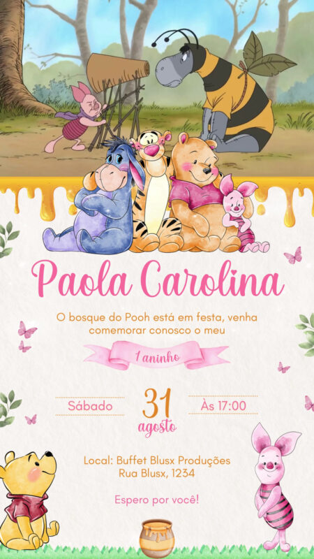 Convite Com Vídeo - Ursinho Pooh Aquarela Menina