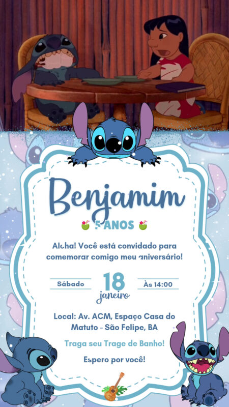 Convite Com Vídeo - Stitch Azul Menino