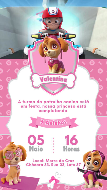 Convite Com Vídeo - Skye Patrulha Canina