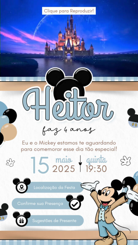 Convite Tecnológico - Mickey Mouse Azul, Nude e Branco
