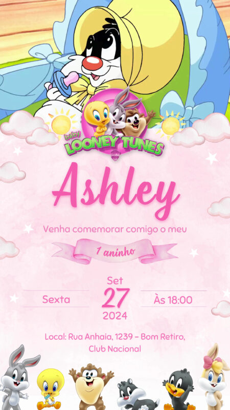 Convite Com Vídeo - Baby Looney Tunes Rosa