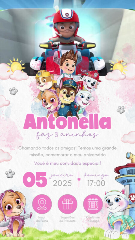 Convite Tecnológico - Patrulha Canina Aquarela - Menina Rosa
