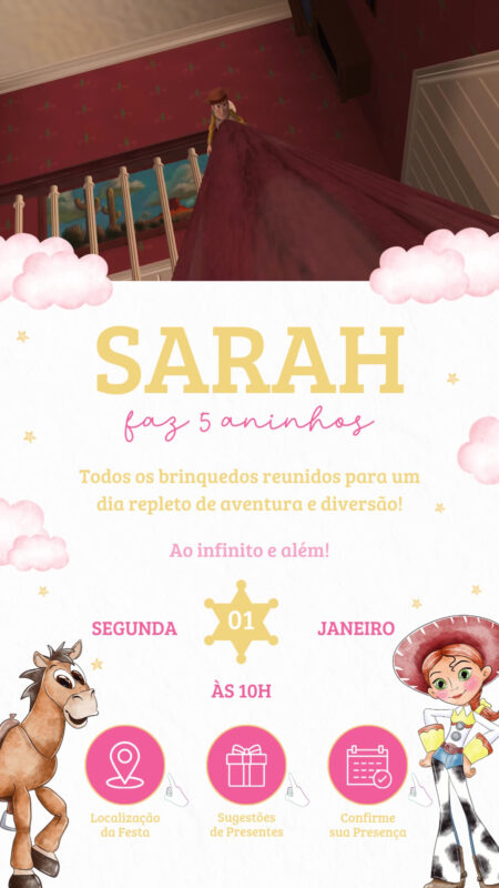 Convite Tecnológico - Toy Story Aquarela - Menina Rosa