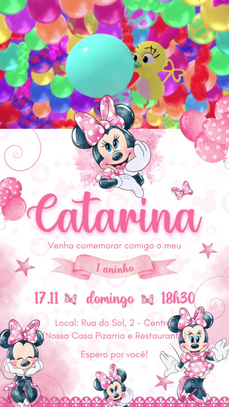 Convite Com Vídeo - Minnie Rosa Aquarela