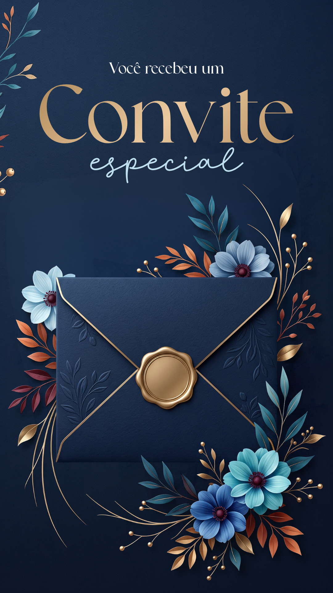 Convite Interativo - Floral Azul, Dourado, Laranja