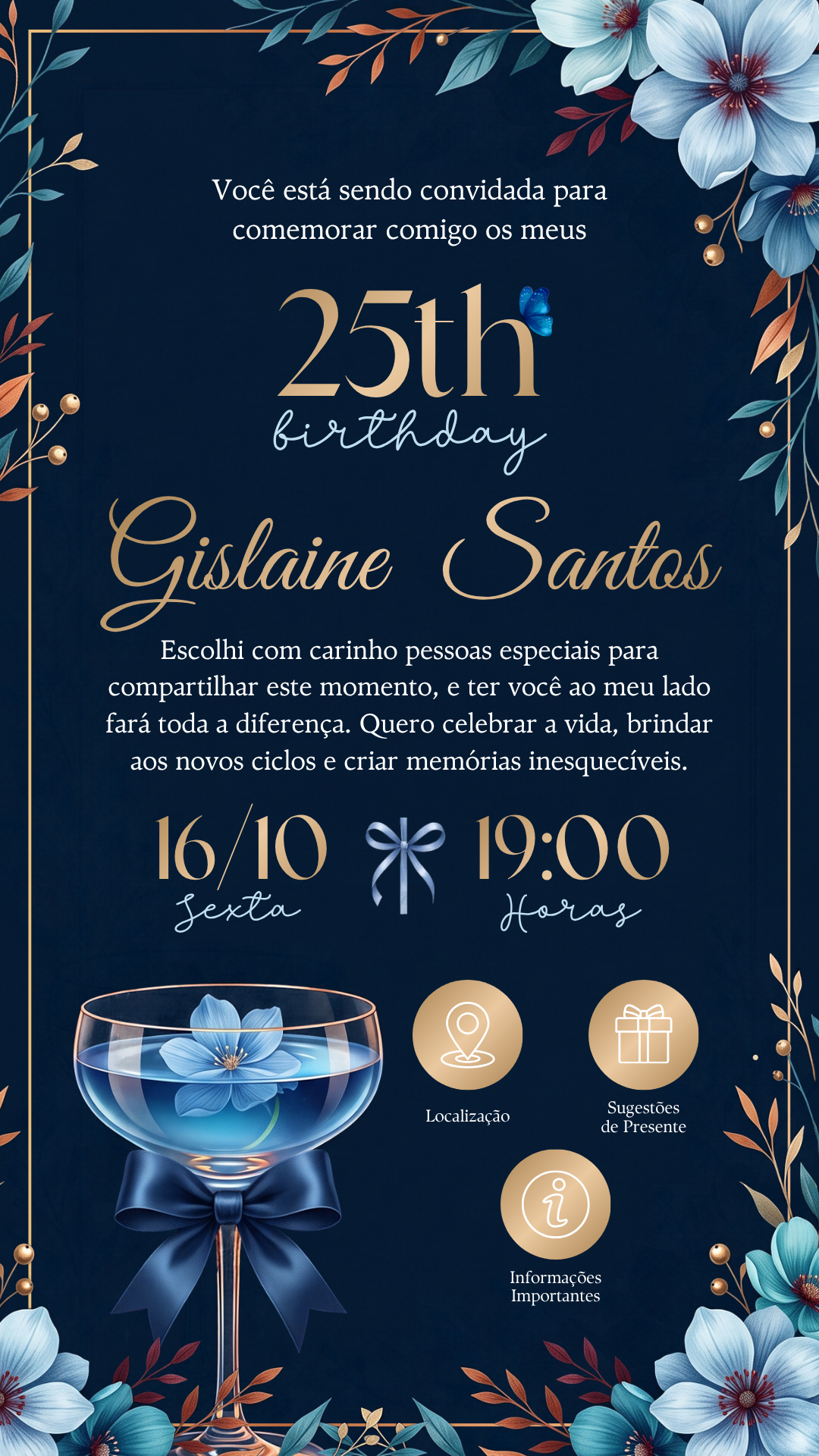 Convite Interativo - Floral Azul, Dourado, Laranja - Imagem 3